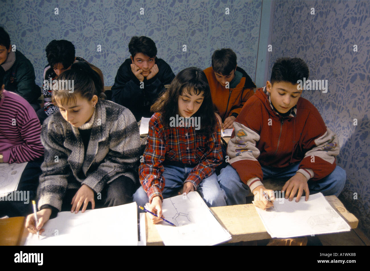 Teenage Boys And Girls Sitting Together On Benches Drawing With Pencils In Art Class In Private School Kosovo 1993 Stock Photo Alamy Teenage Boys And Girls Sitting Together On Benches Drawing With Pencils In Art Class In Private School Kosovo 1993 Stock Photo Alamy