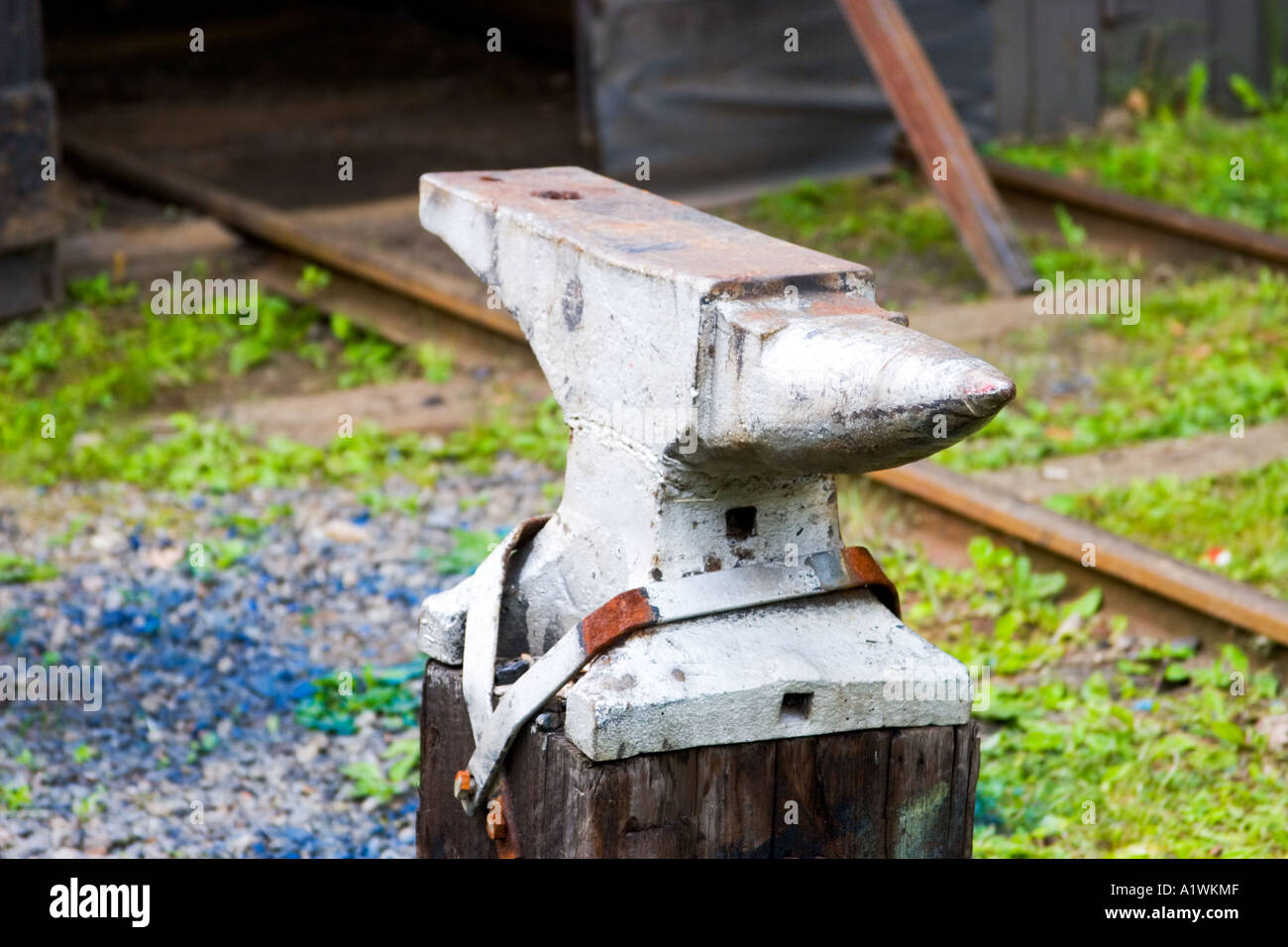A steel anvil used by miners to make various tools parts for coal cars and trains and supplies for coal mining. Stock Photo