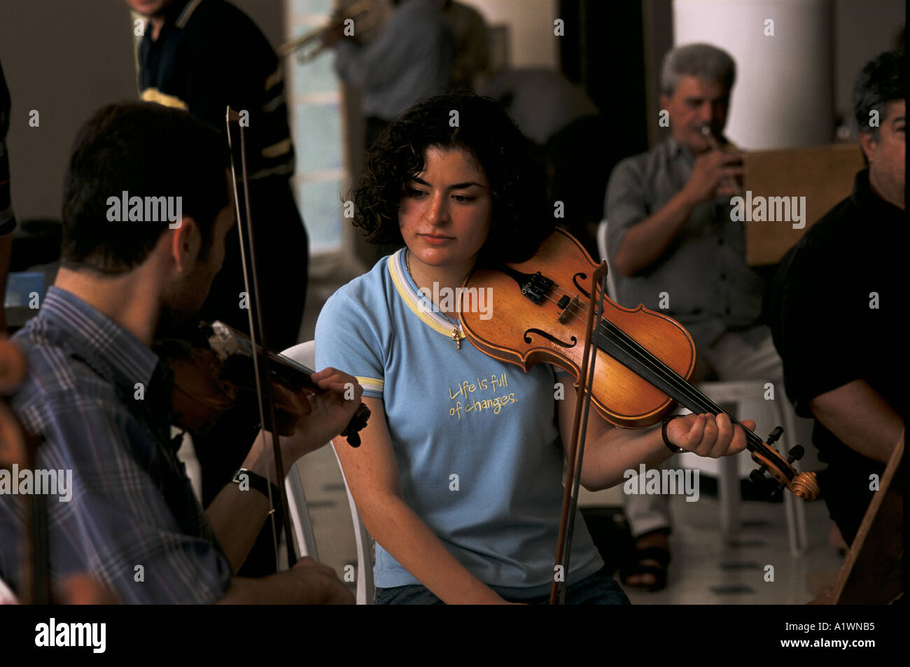 Baghdad Iraq June 2003 Baghdad symphony orchestra  rehearse. Centre, violinist Annie Skander whose family  are from Armenia Stock Photo