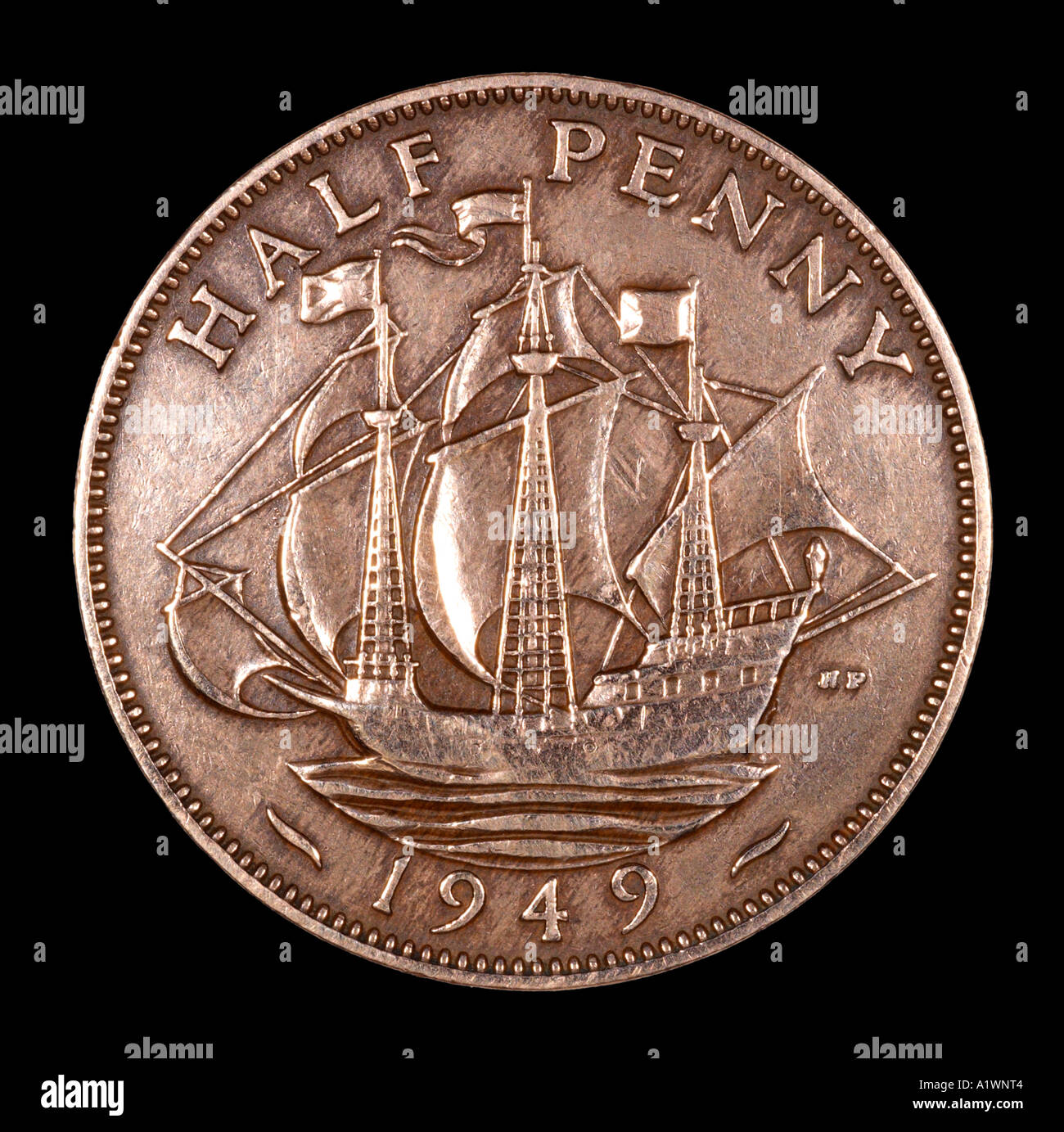 King George VI Reg fid def pre decimal half penny old pence P 1949 copper bright boat sail maritime marine frigate Stock Photo