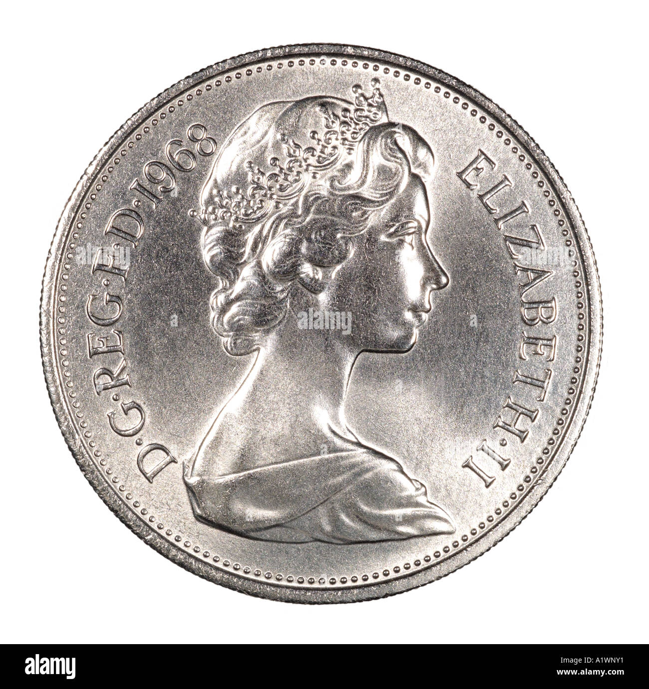 Queen Elizabeth 2 II Reg Regina Decimal 10 ten new pence P face right young profile crown silver bright Stock Photo