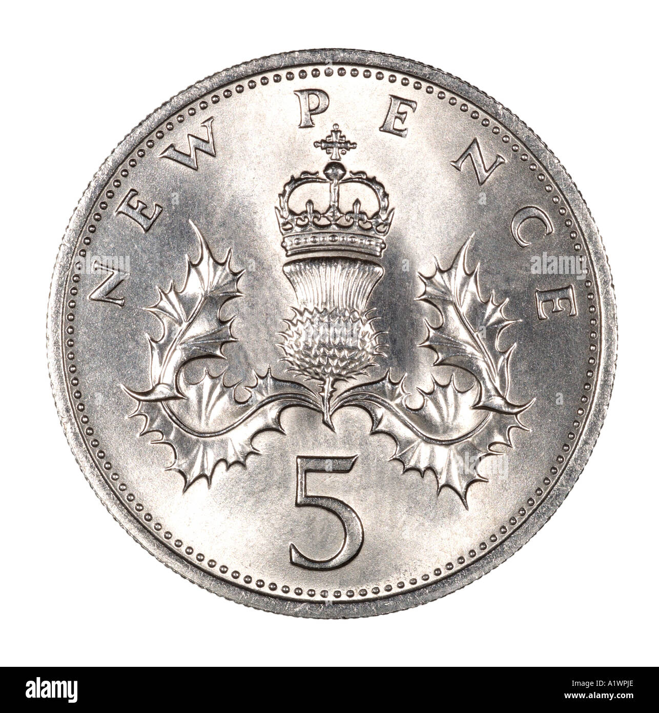 Queen Elizabeth 2 II Reg Regina Decimal 5 five new pence P face right young profile crown thistle holly silver bright Stock Photo