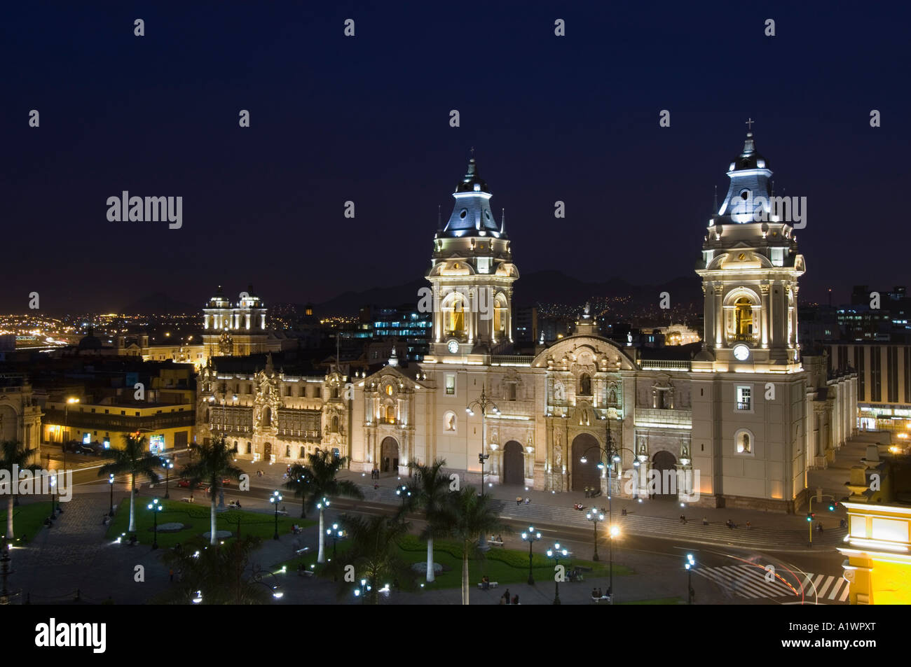 An aerial view of The Cathedral in the Plaza de Armas (main square) of the historic center of Lima. Stock Photo