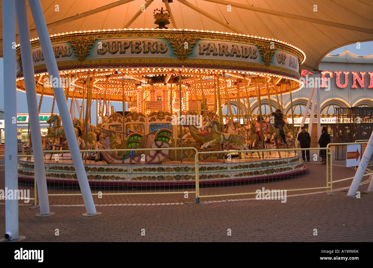 Fairground Gallopers, merry-go-rounds or Horse carousel roundabout Southport, Merseyside, UK Stock Photo