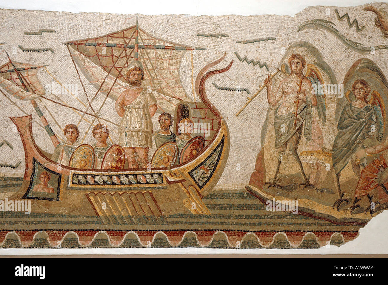 Mosaic scene from Homer's Odyssey, Ulysses meeting with sirens in The Bardo museum in Tunis, capital of Tunisia. Stock Photo