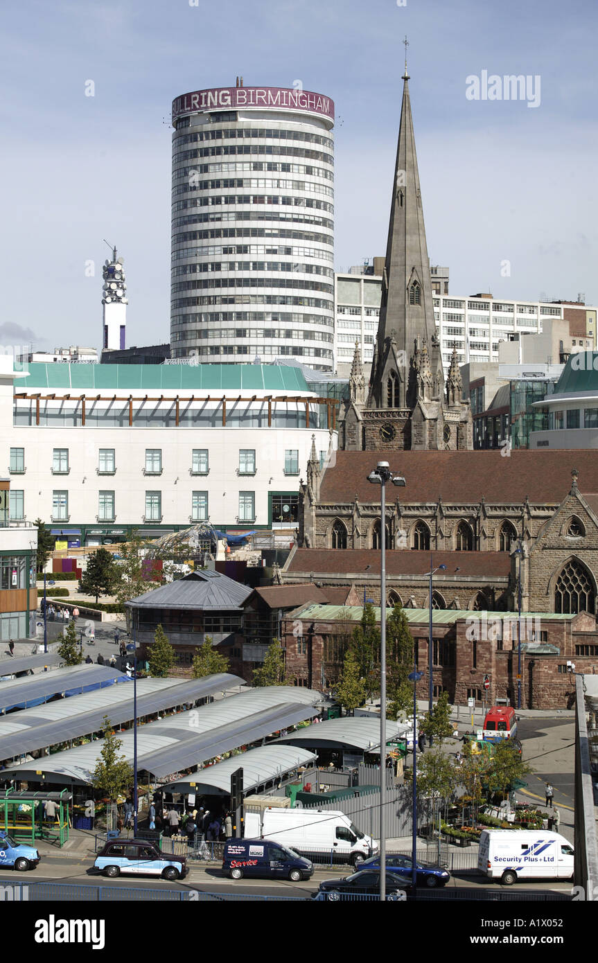 Birmingham City Centre showing the Rotunda St Martins Church and part of the new Bull Ring Stock Photo