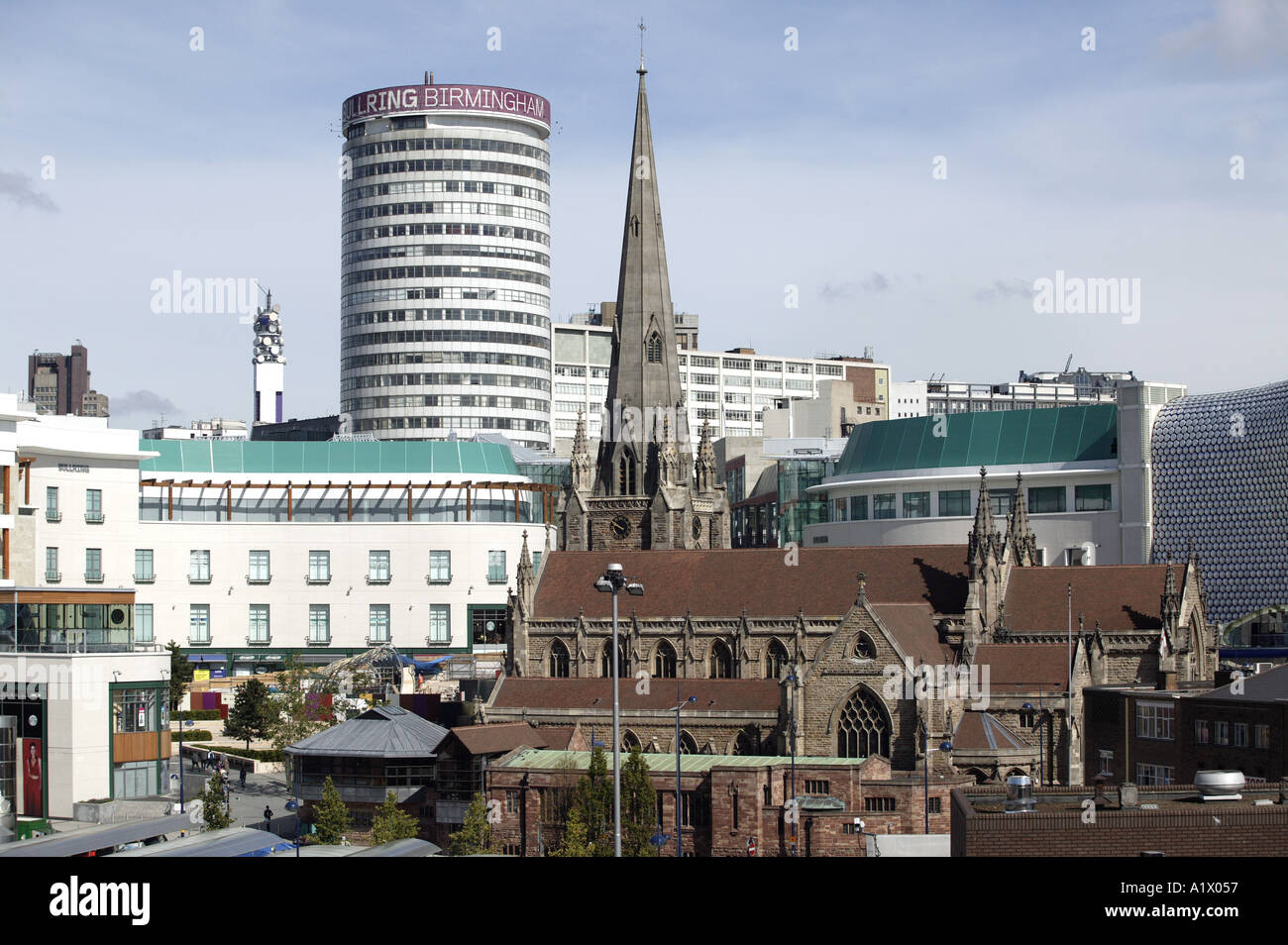 Birmingham City Centre showing the Rotunda St Martins Church and part of the new Bull Ring Stock Photo