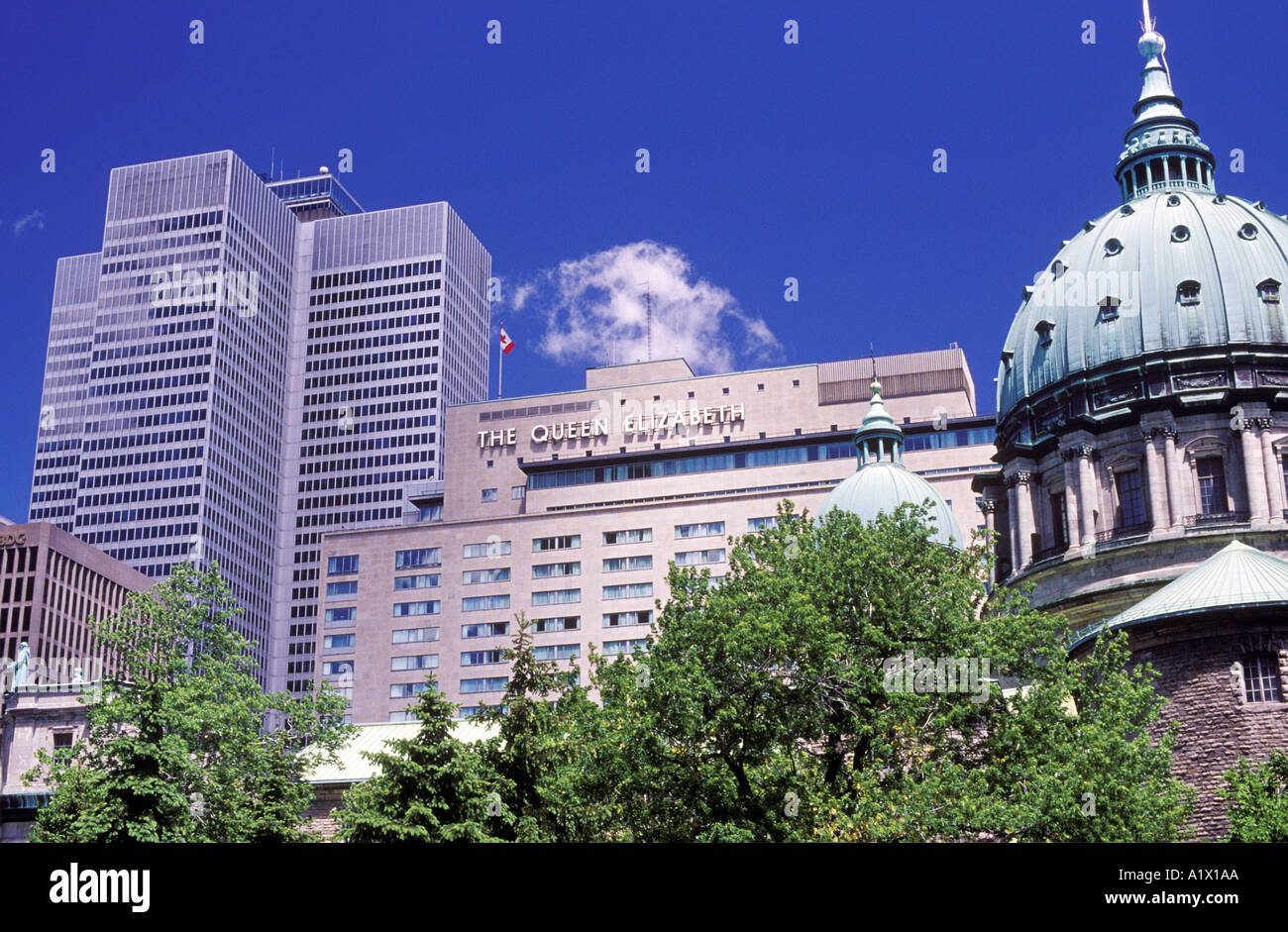 Place Ville Marie office building Queen Elizabeth Hotel and Cathedral Marie Reine du Monde Montreal Quebec Canada Stock Photo