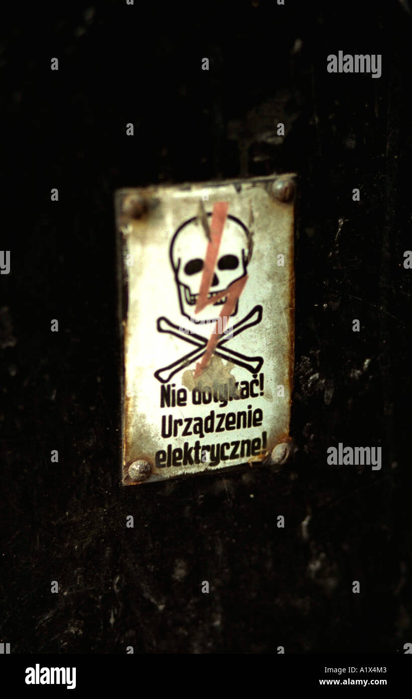 Beware of electric shock skull and crossbones sign. Poznan Poland Stock Photo