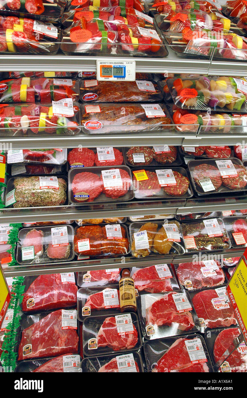 A meat case in a supermarket with fresh meats and beef steaks