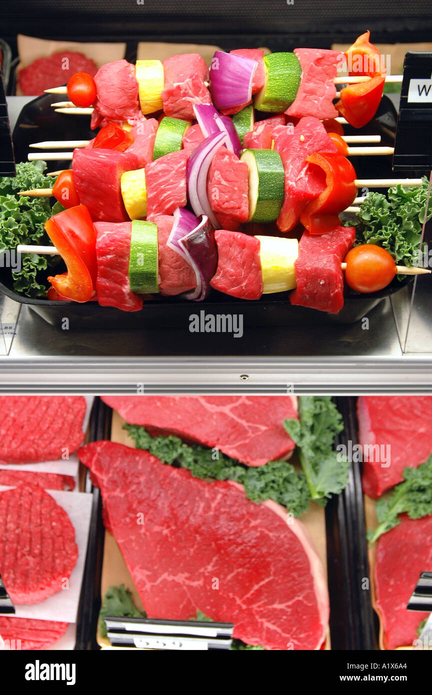 ready made Shish kabobs for sale in a supermarket display cooler Stock