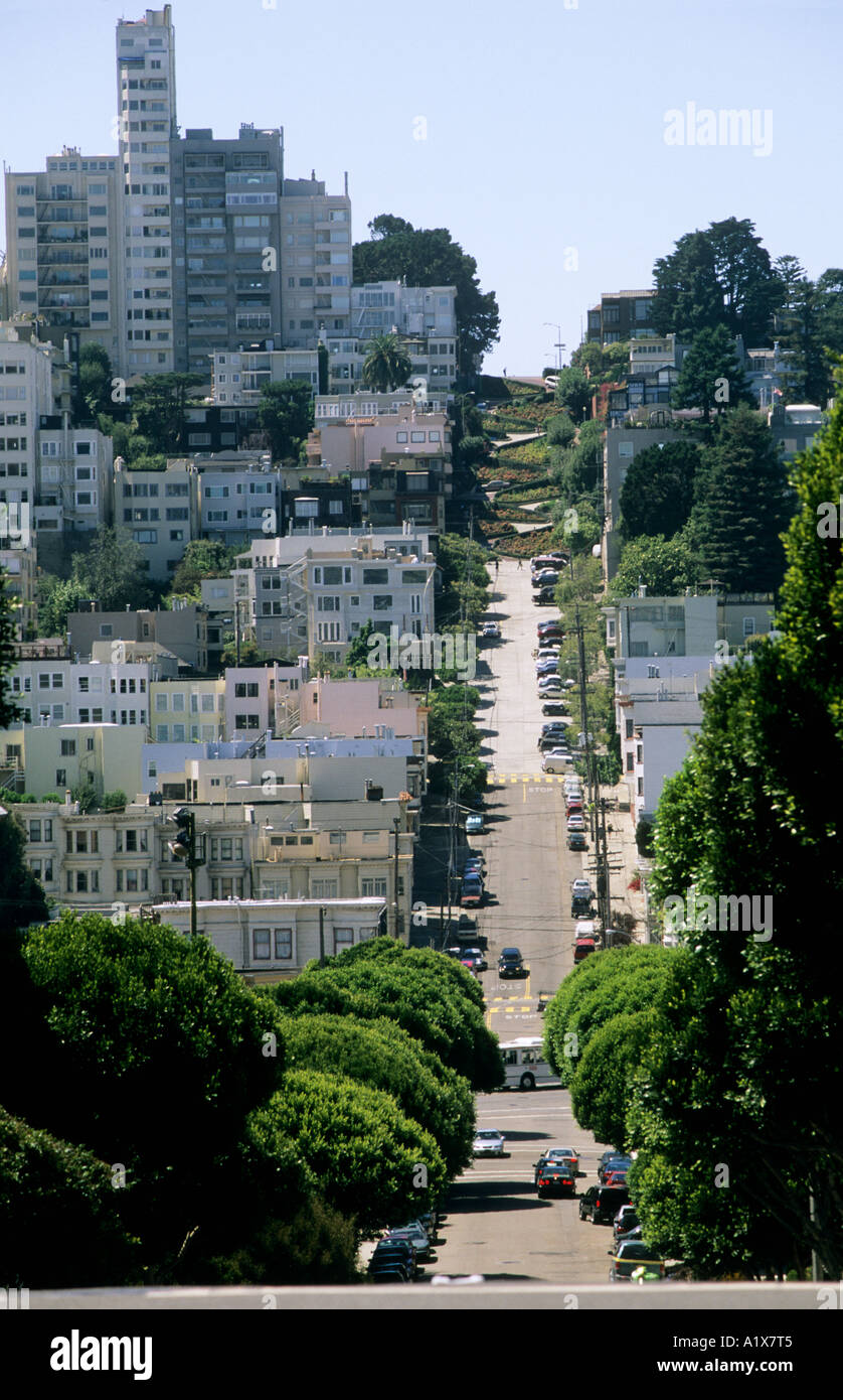 Steep sloping street with zig zag road San Francisco California USA Stock Photo