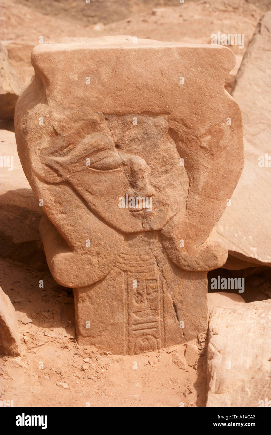 A carving of the god Hathor at HathorTemple at Sarabit al Khadim Sinai Peninsula Egypt Stock Photo