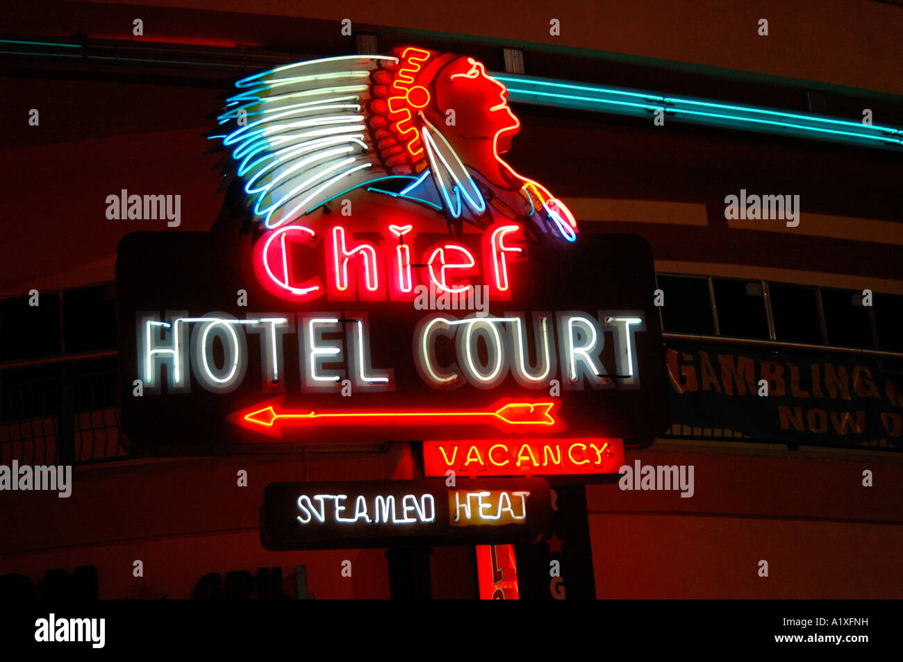 Neon Indian Chief hotel sign, Las Vegas, Nevada, USA Stock Photo Alamy