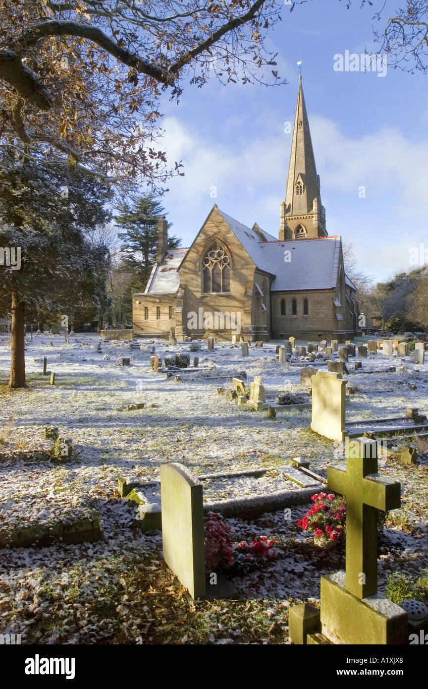 Church in snow setting Galleywood Essex UK Stock Photo