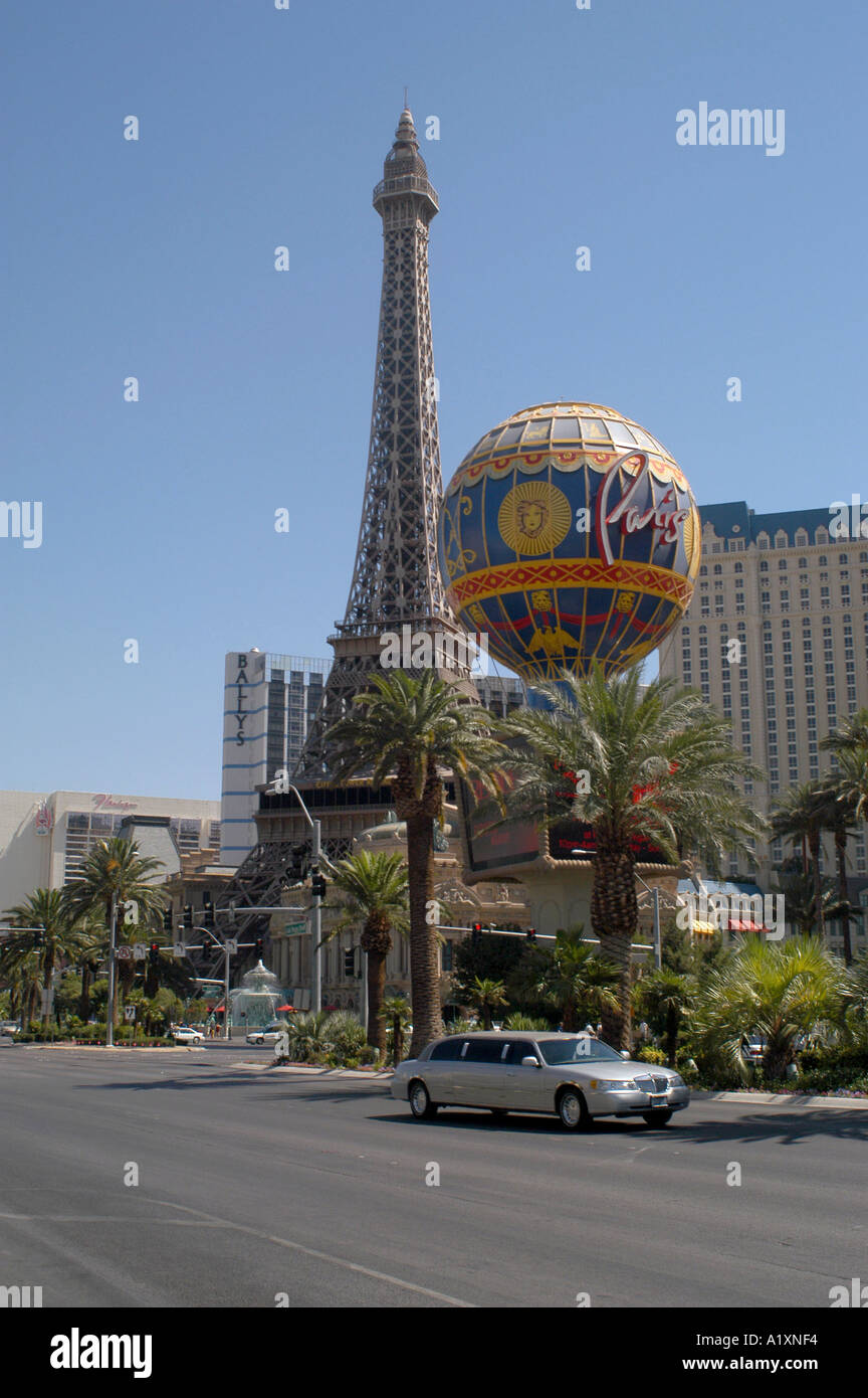 Stretch limousine in front of the the Eiffel Tower Restaurant The Strip Las Vegas Blvd Stock Photo