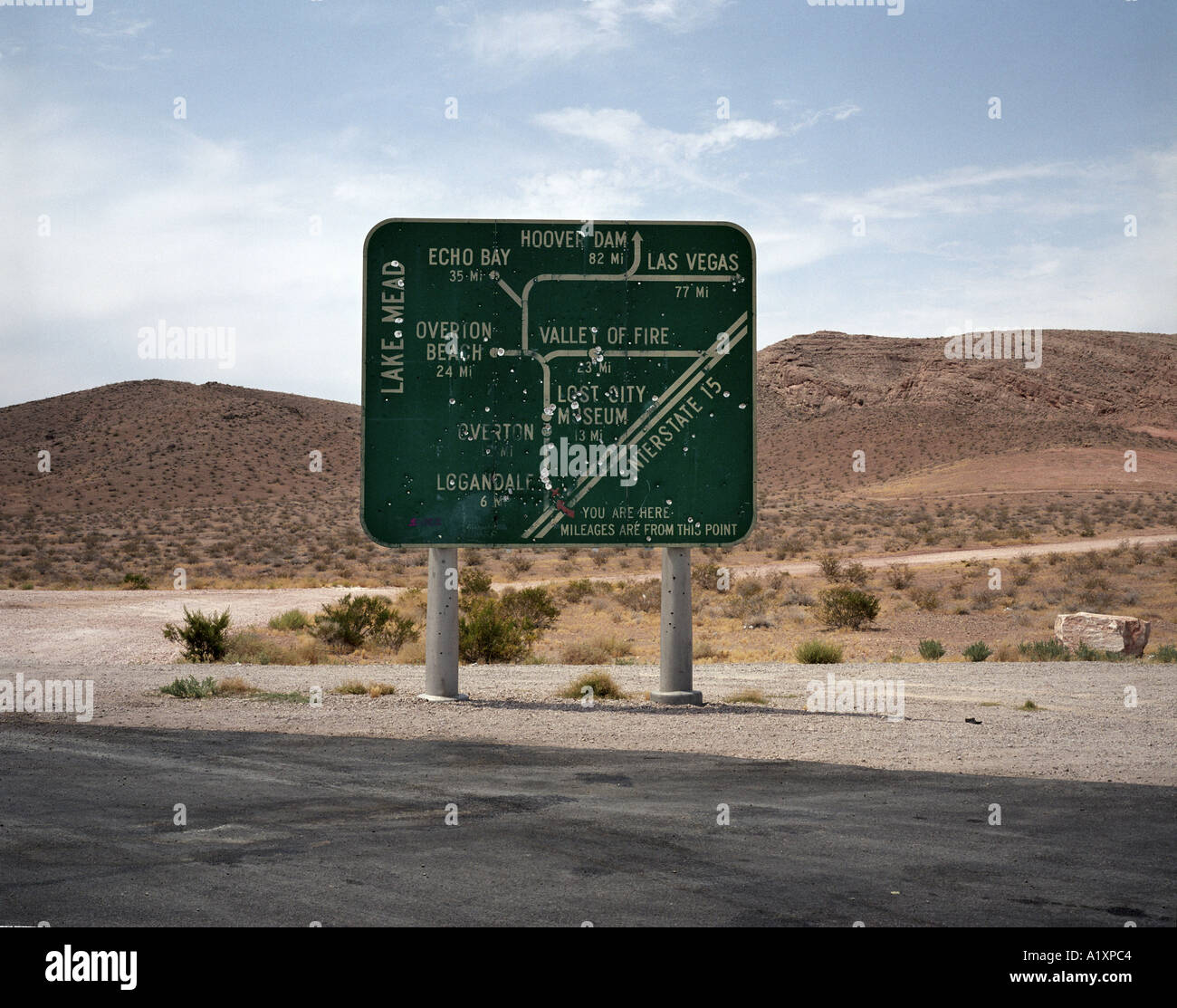 A signpost showing the way to areas around Lake Mead and Interstate 15
