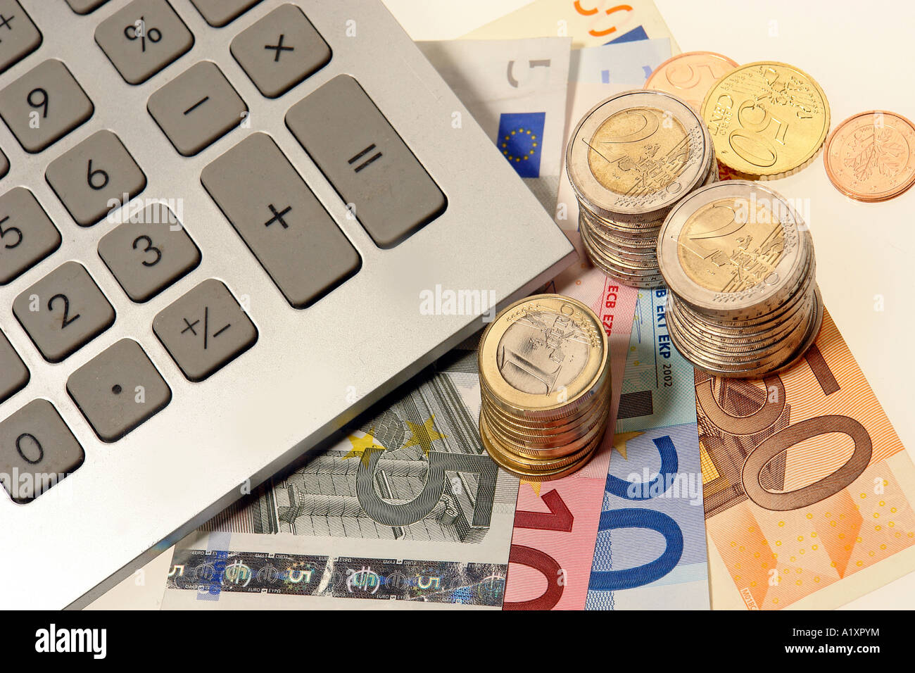 euro money with pocket calculator Stock Photo