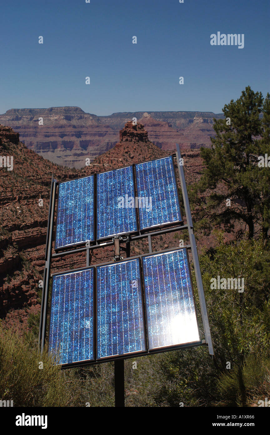 A blue solar panel resting on the South Rim facing mountains Grand Canyon Stock Photo