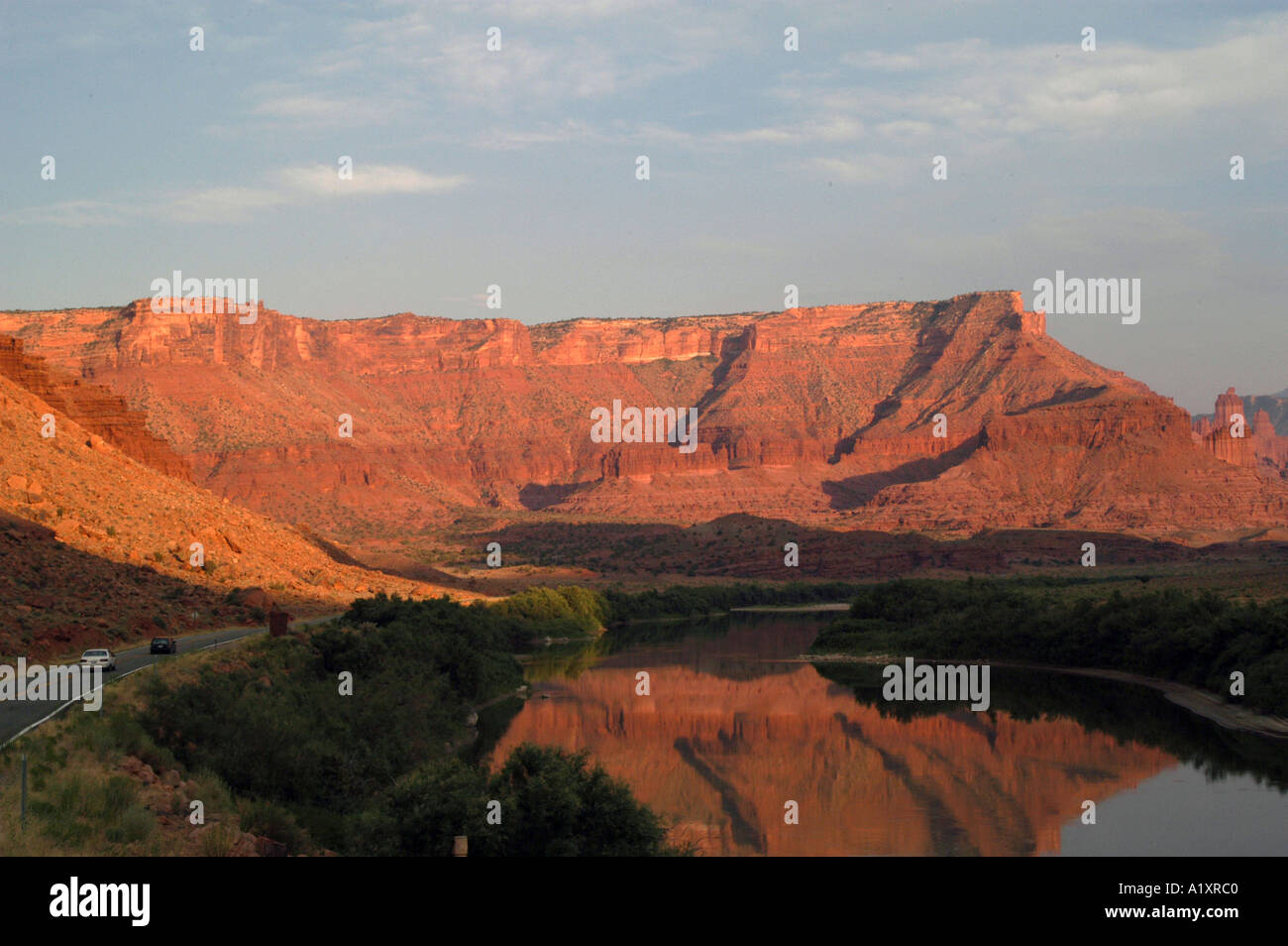 Landscape reflected in the Colorado River, Utah, USA. Stock Photo