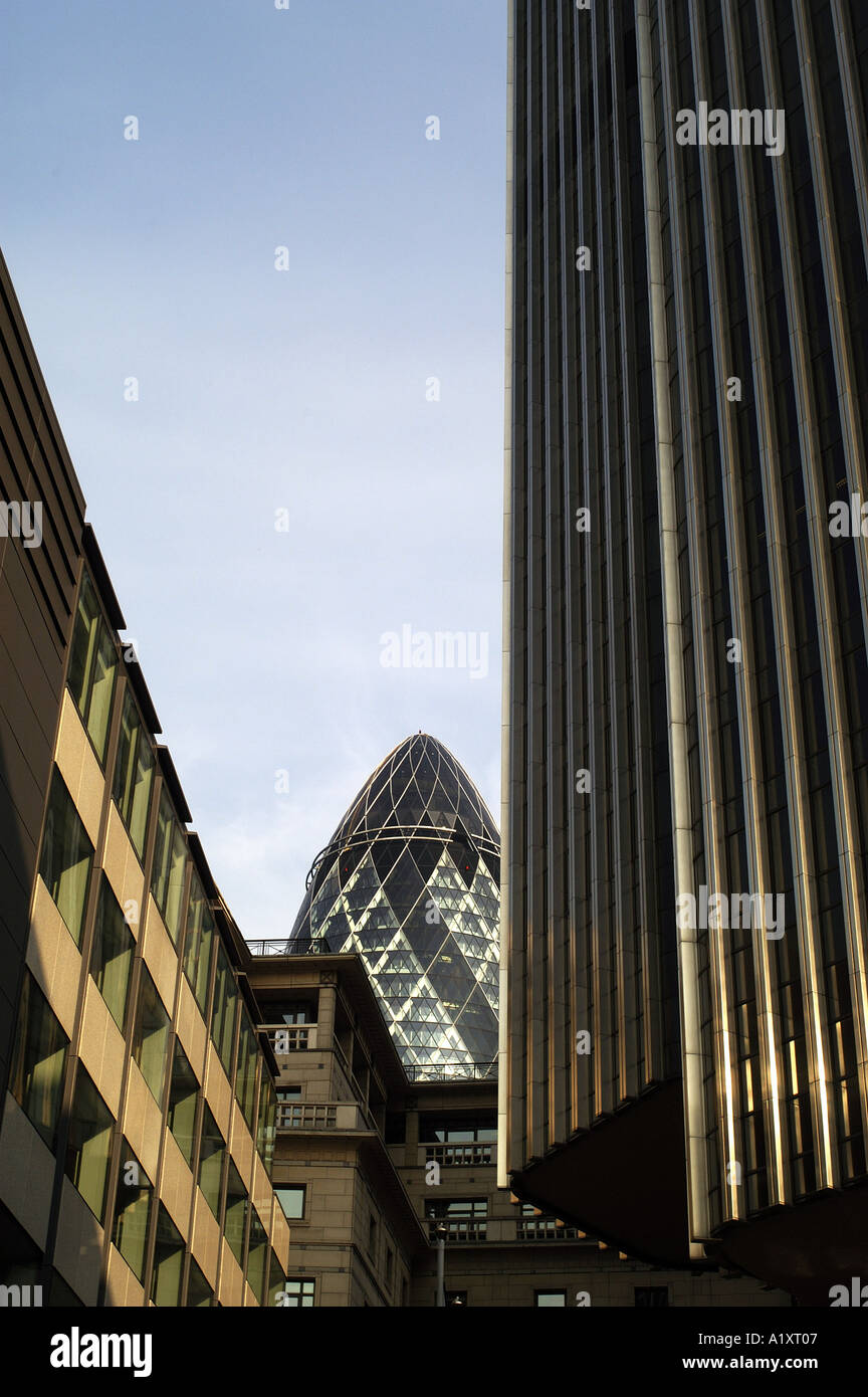 The modern Swiss Re Tower known as the Gherkin in the City of London Stock Photo