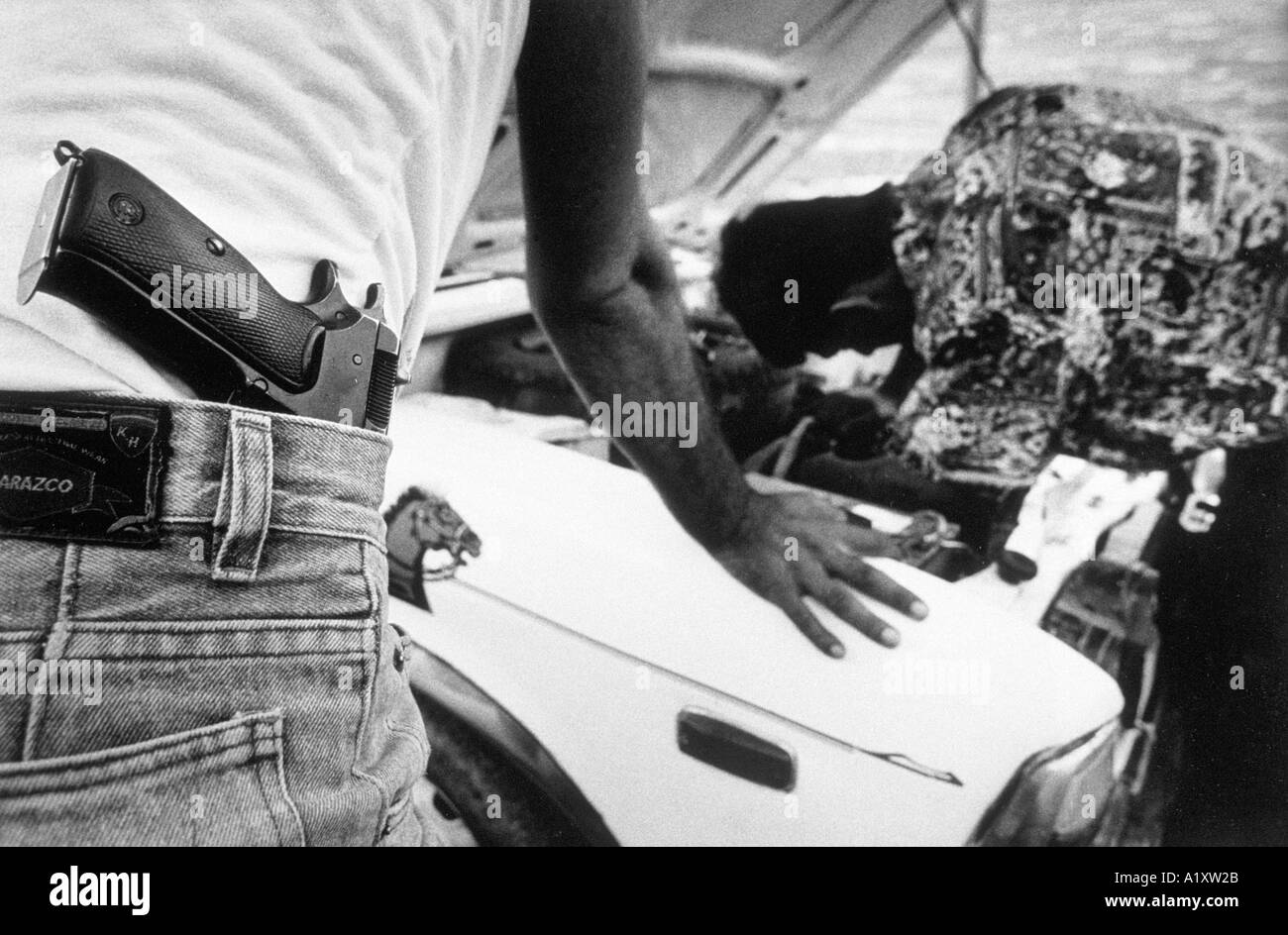 PALESTINIAN COLLABORATORS FIXING THE CAR 1992 Stock Photo