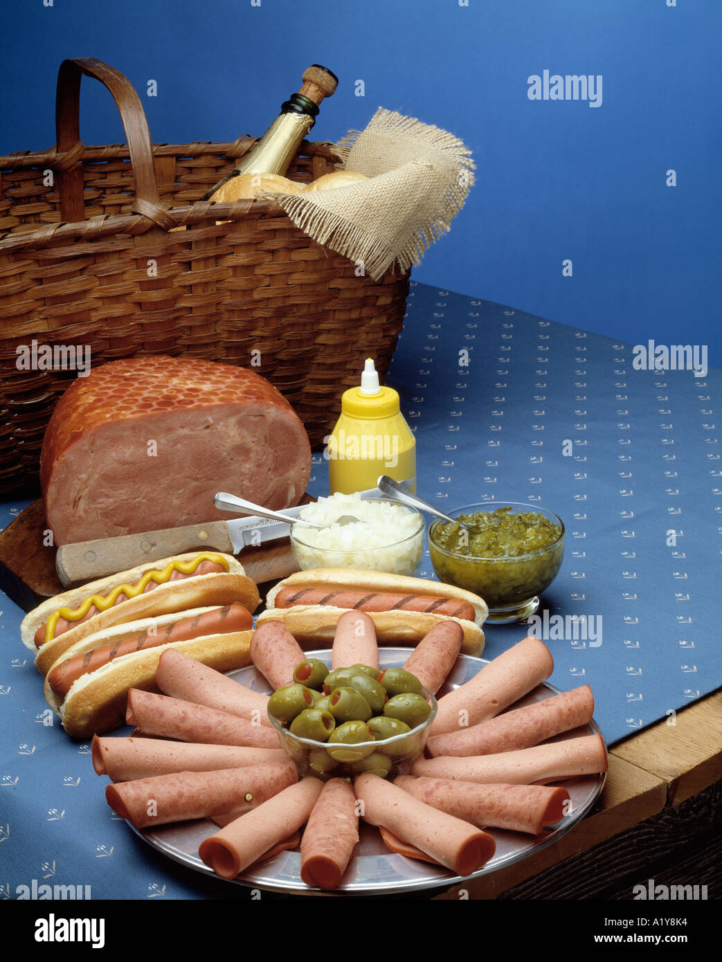 picnic basket assorted assortment ham hot dog bologna sandwich olive