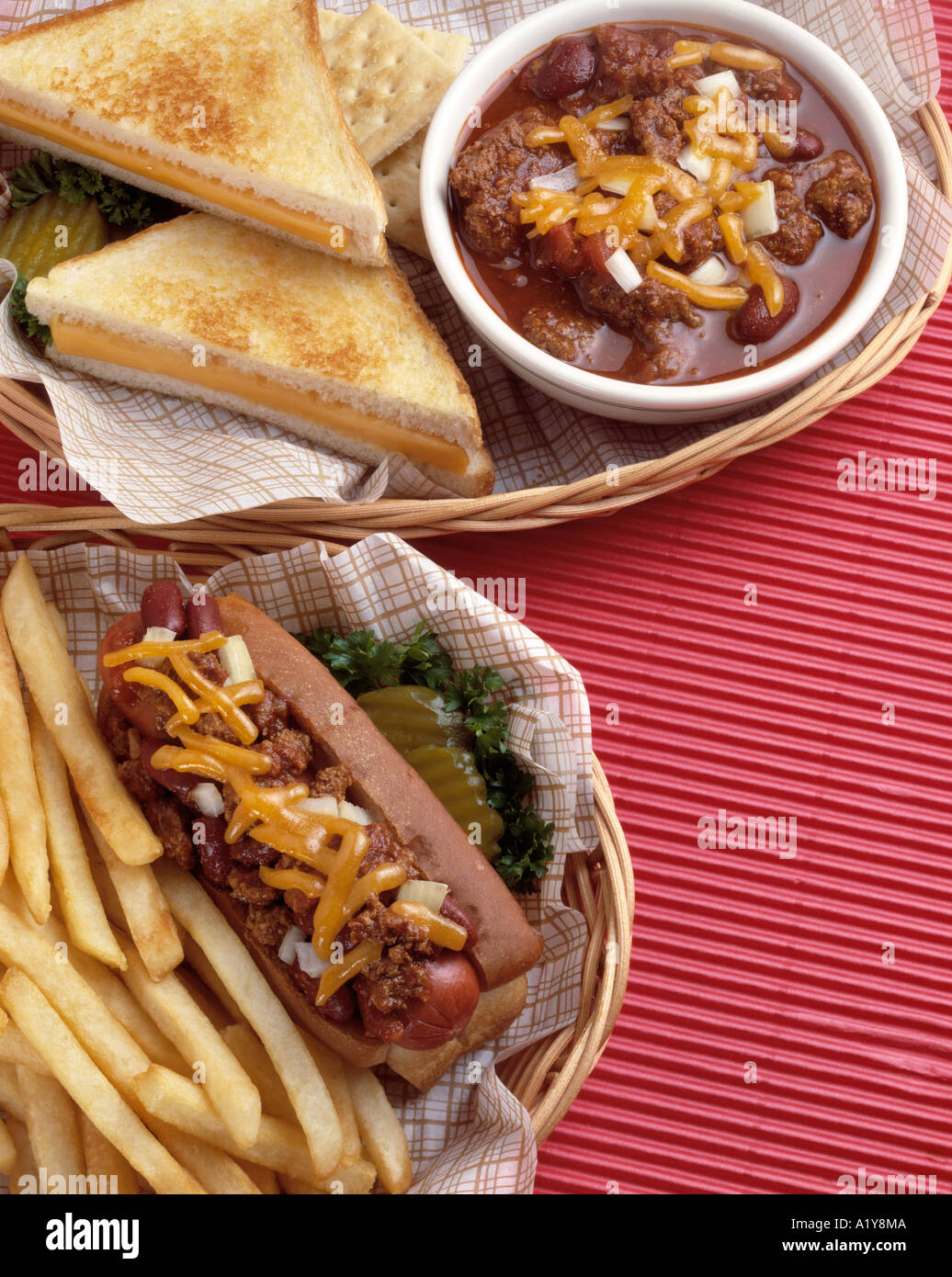 assorted assortment soup chili con carne hot dog cheese onion meat sauce pickle toasted cheese