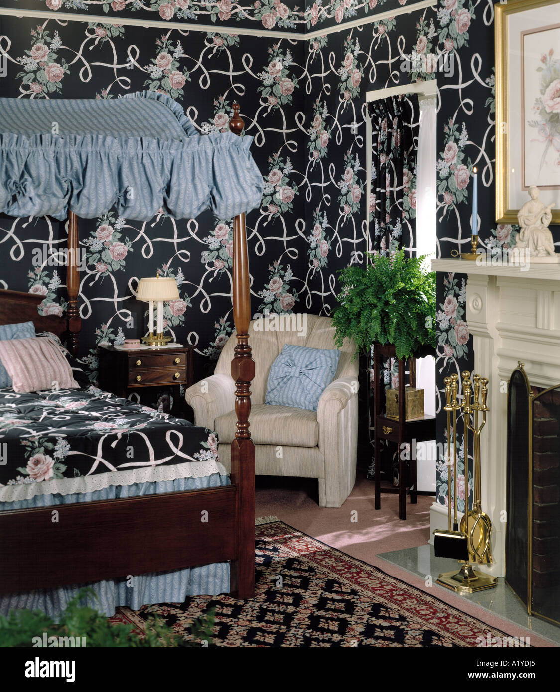4 Four Poster Canopy Bed Bedroom Pillows Fireplace Oriental Carpet
