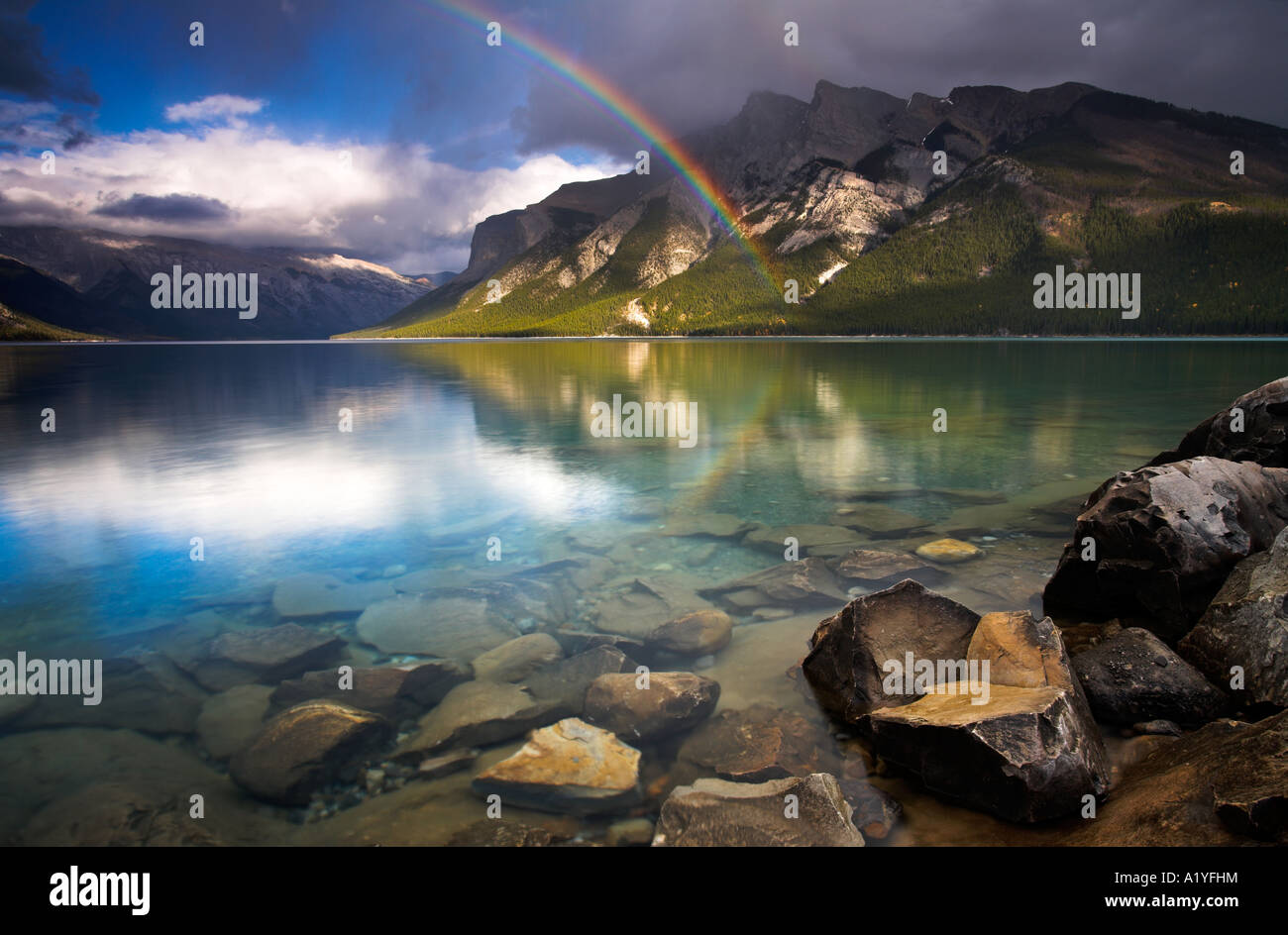 Rainbow over Lake Minnewanka, Banff National Park, Alberta, Canada Stock Photo