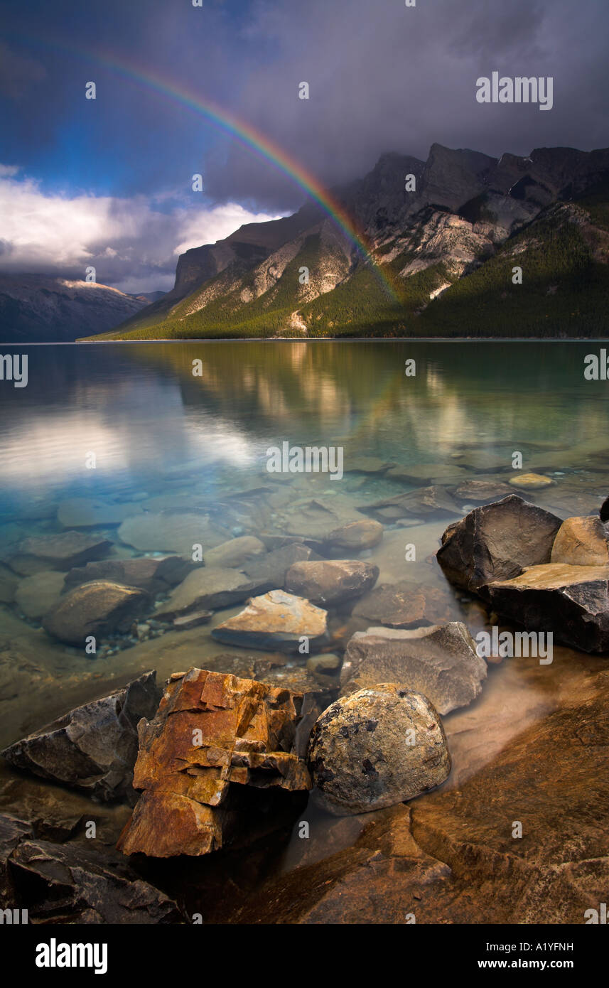Rainbow over Lake Minnewanka, Banff National Park, Alberta, Canada Stock Photo