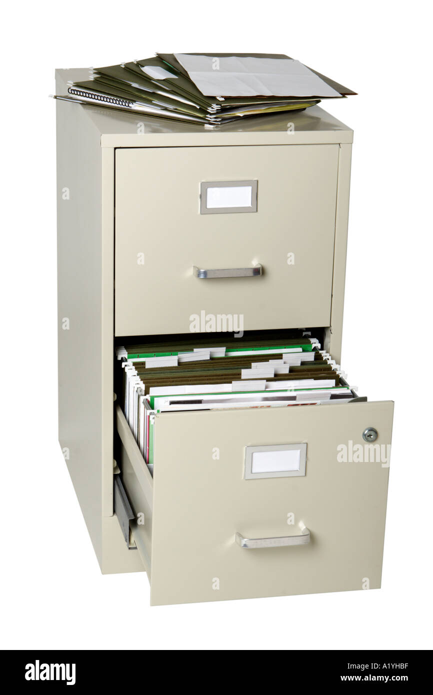 File Cabinet With Open Drawer And Files On Top Stock Photo