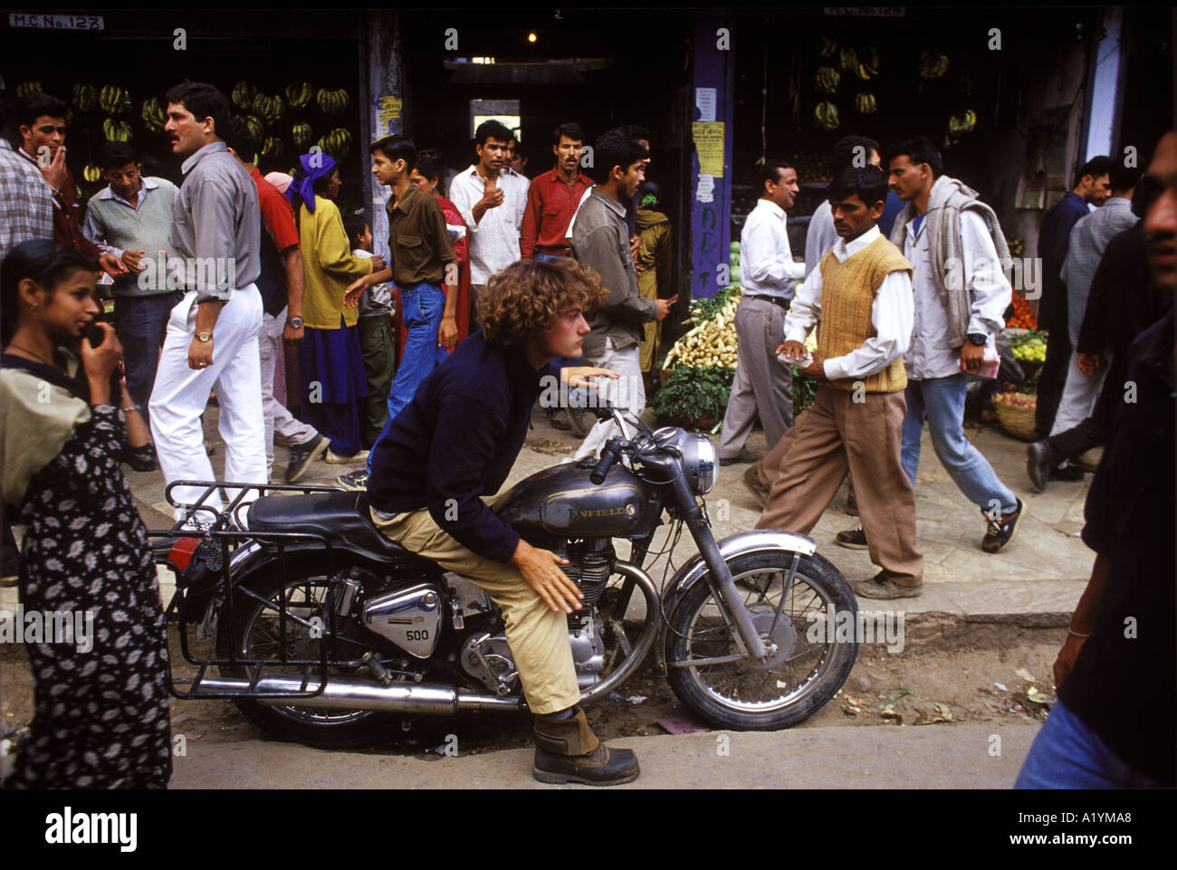A YOUNG ISRAELI BACKPACKER ON HIS ENFIELD MOTORCYLCE A POPULAR MODE OF TRANSPORT FOR TRAVELLERS Stock Photo