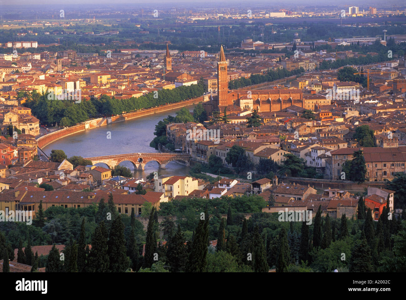 Low aerial view over the town of Verona and the River Adige Veneto ...