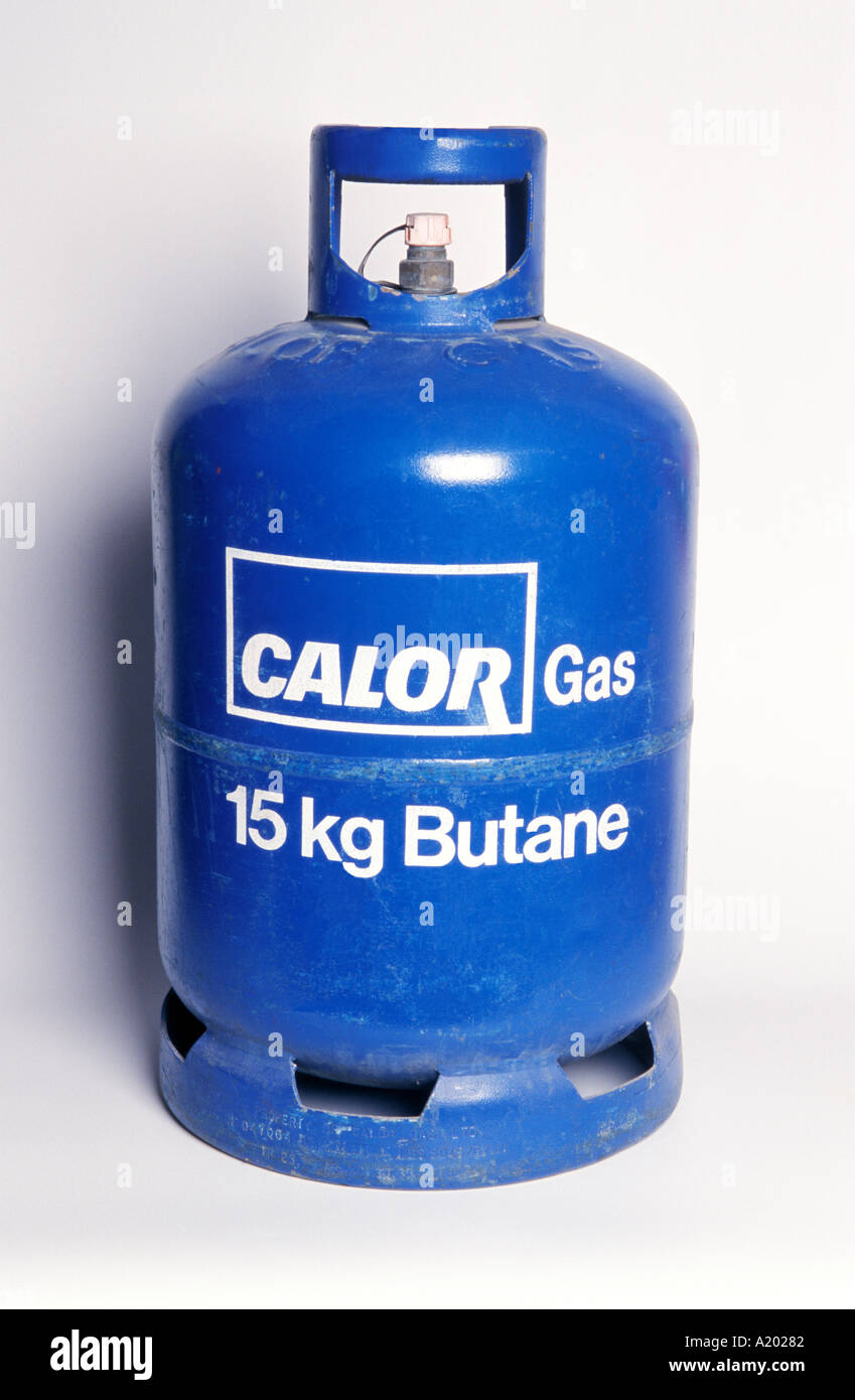 Calor gas flammable butane refillable 15kg blue bottle / cylinder, as used in camping/caravans for portable outdoor heating or cooking. Cf. A20283 Stock Photo