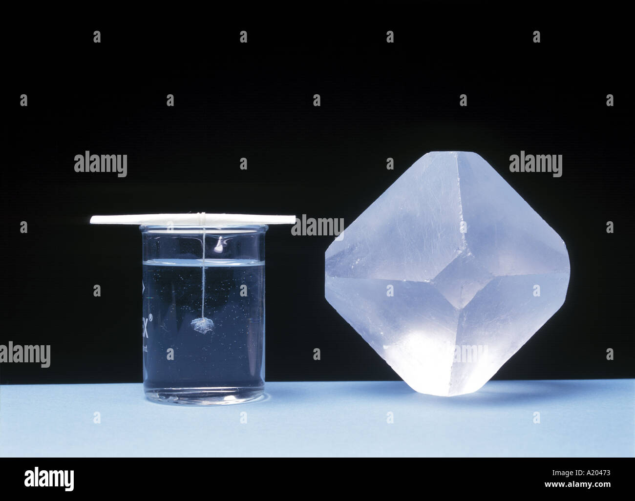 large alum crystal beside a small one growing in beaker Stock Photo