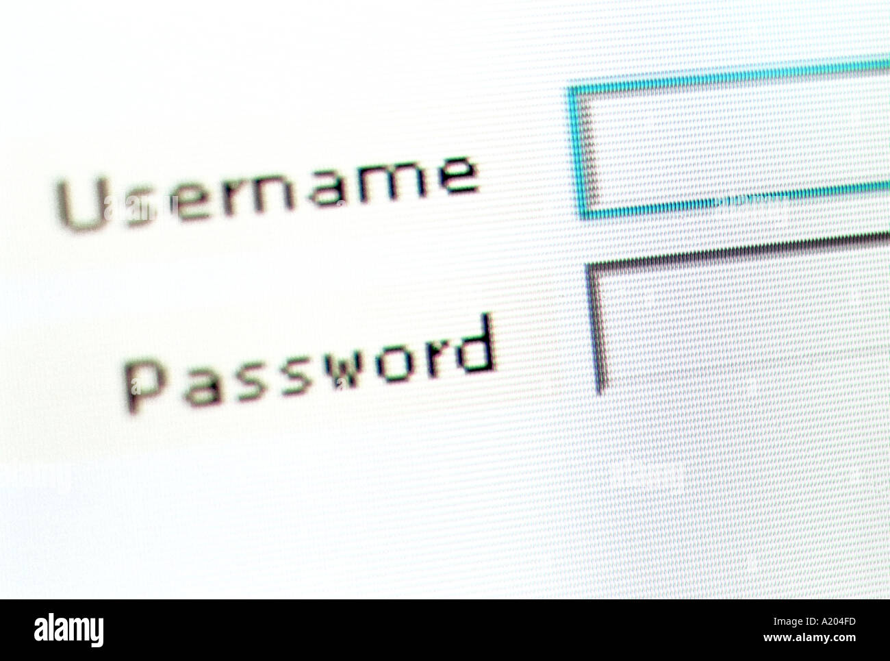 Close up view of computer screen Username and password log in Stock Photo