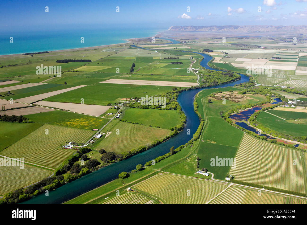 Farmland and Wairau River Cloudy Bay Marlborough South Island New Zealand aerial Stock Photo Alamy