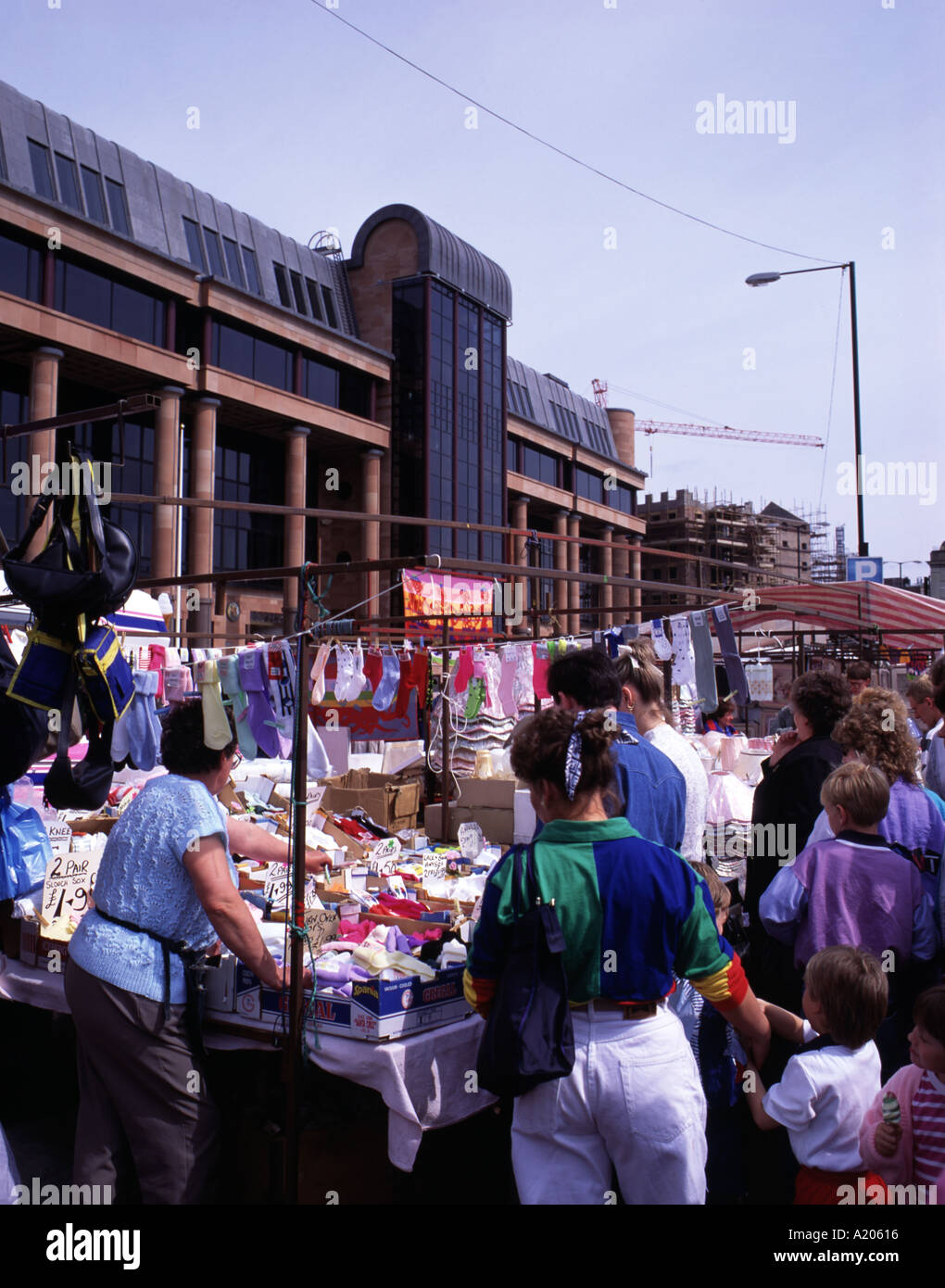 Quayside Sunday market on the East Quayside, with Newcastle Law Courts