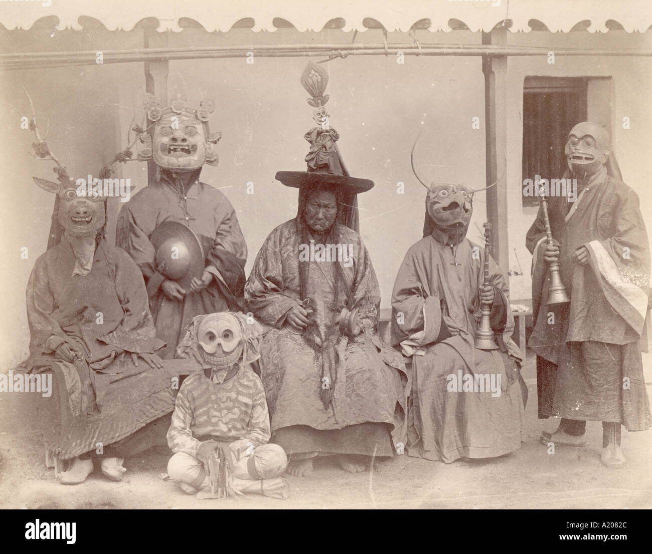 Group of Tibetan Buddhist dressed for dancing Stock Photo