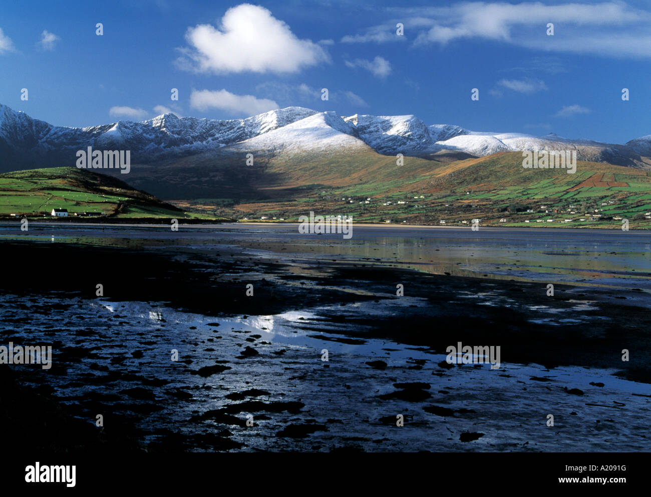 dried out sea inlet in winter time with mount brandon mountain in background, beauty in nature, dingle peninsula, wild atlantic way Stock Photo