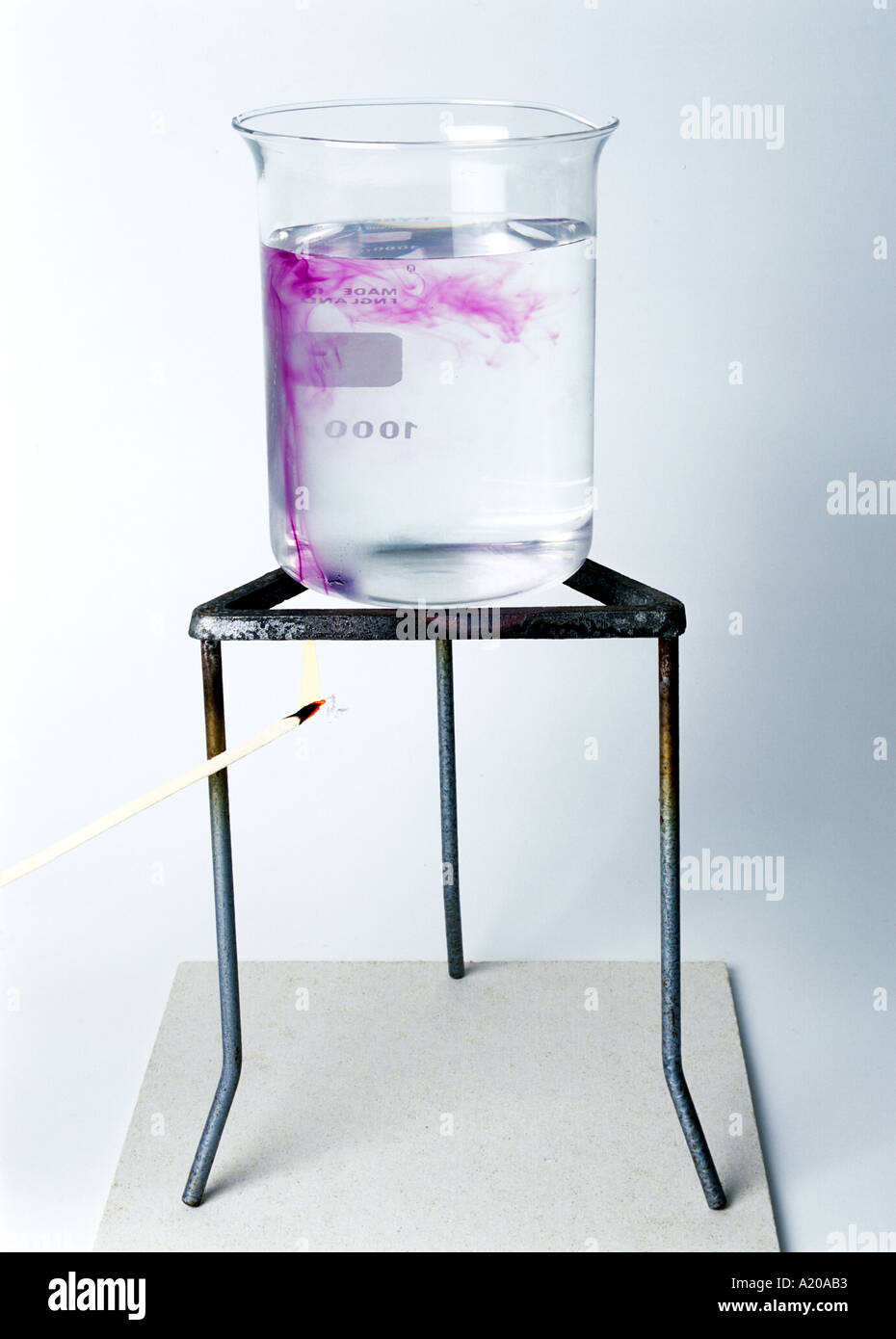 convection currents in a beaker of water being heated by a burning splint Stock Photo