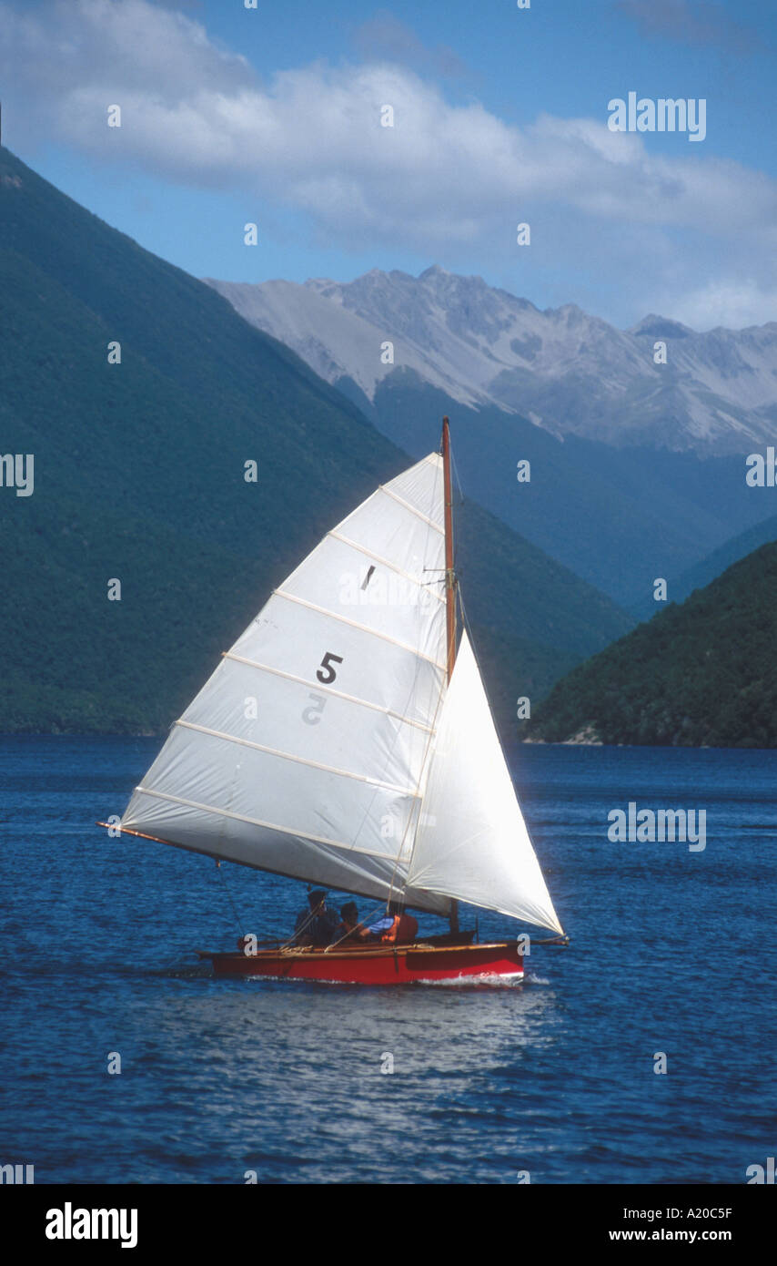 Sailing dinghy at Lake Rotoiti Nelson Lakes National Park Marlborough South Island New Zealand Stock Photo
