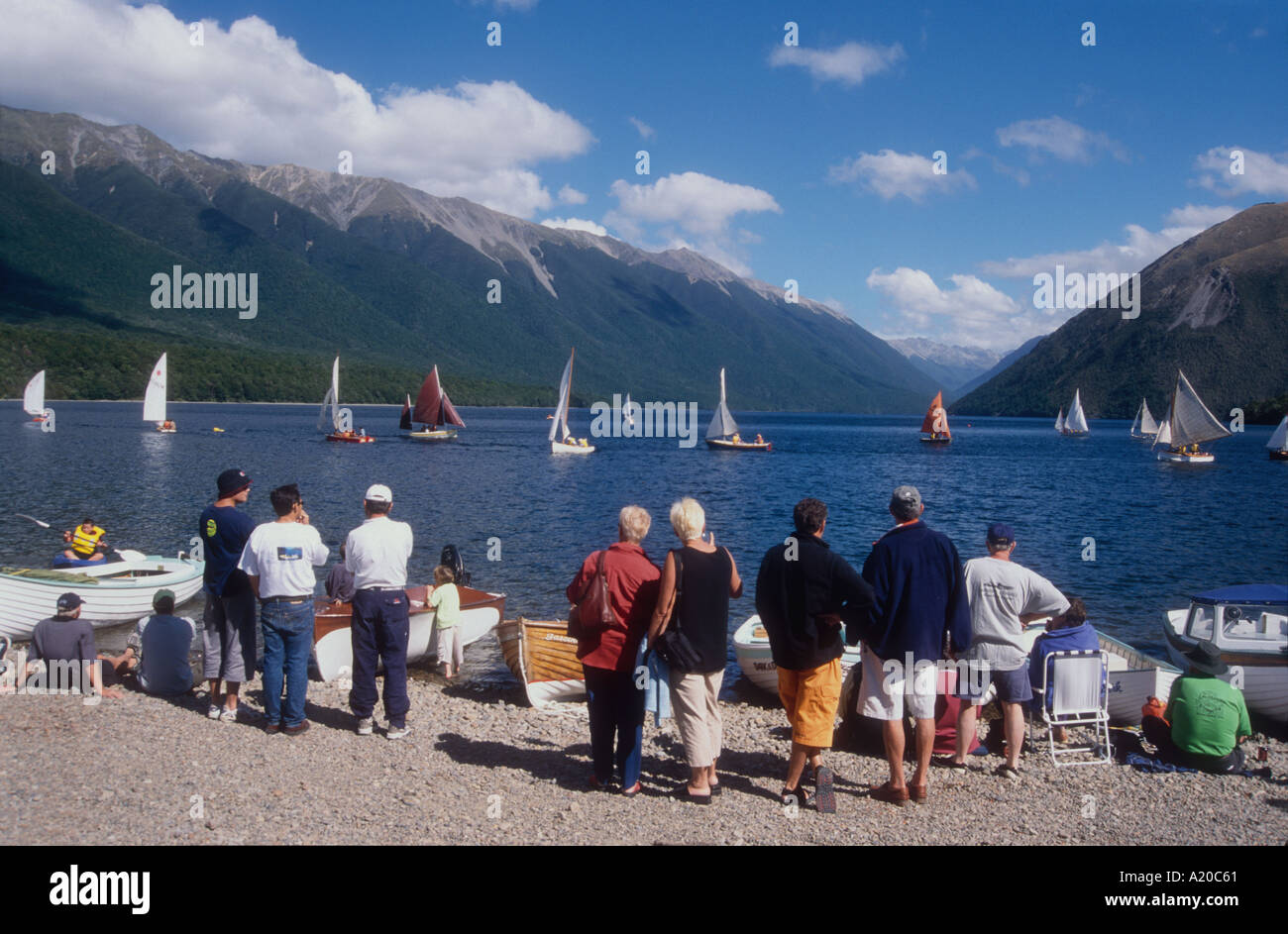 People watching sailing at Lake Rotoiti Nelson Lakes National Park Nelson South Island New Zealand Stock Photo