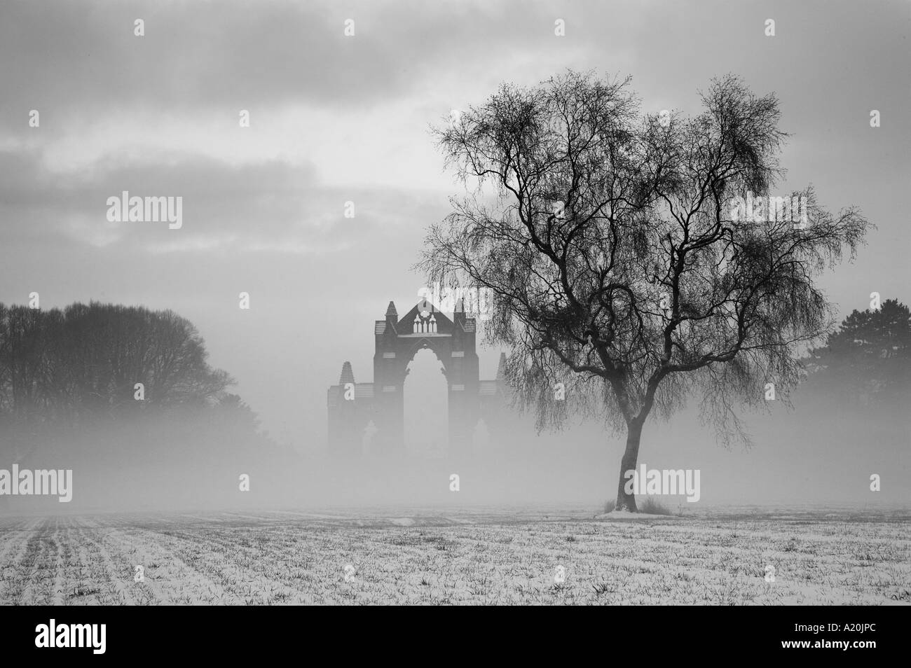 Black and White image of A20JPB Winter snow and dawn mist at Gisborough ...