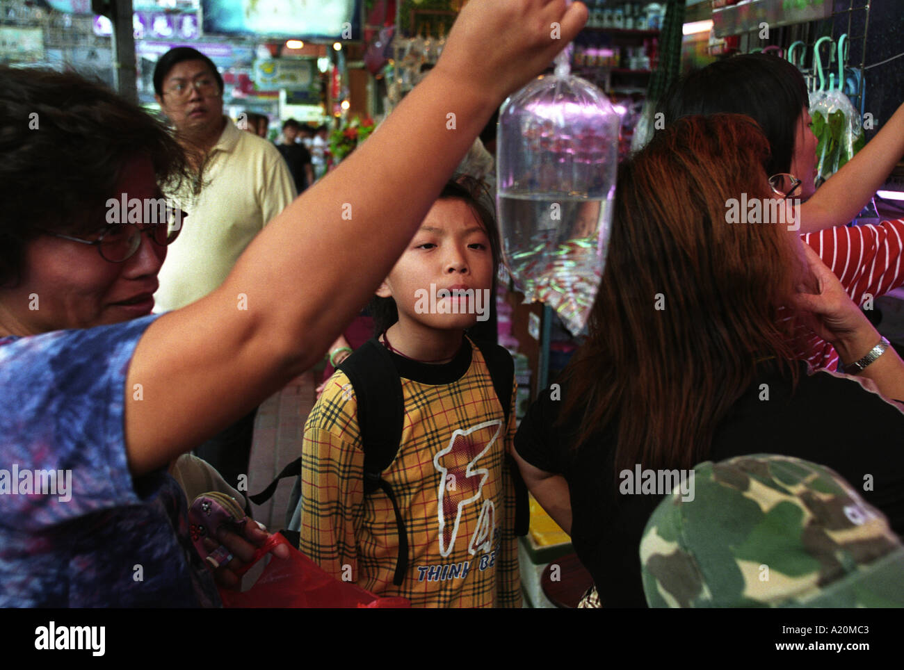 Shoppers inspect fish hanging for sale in bags in Tung Choi Street , Hong Kong, China Stock Photo