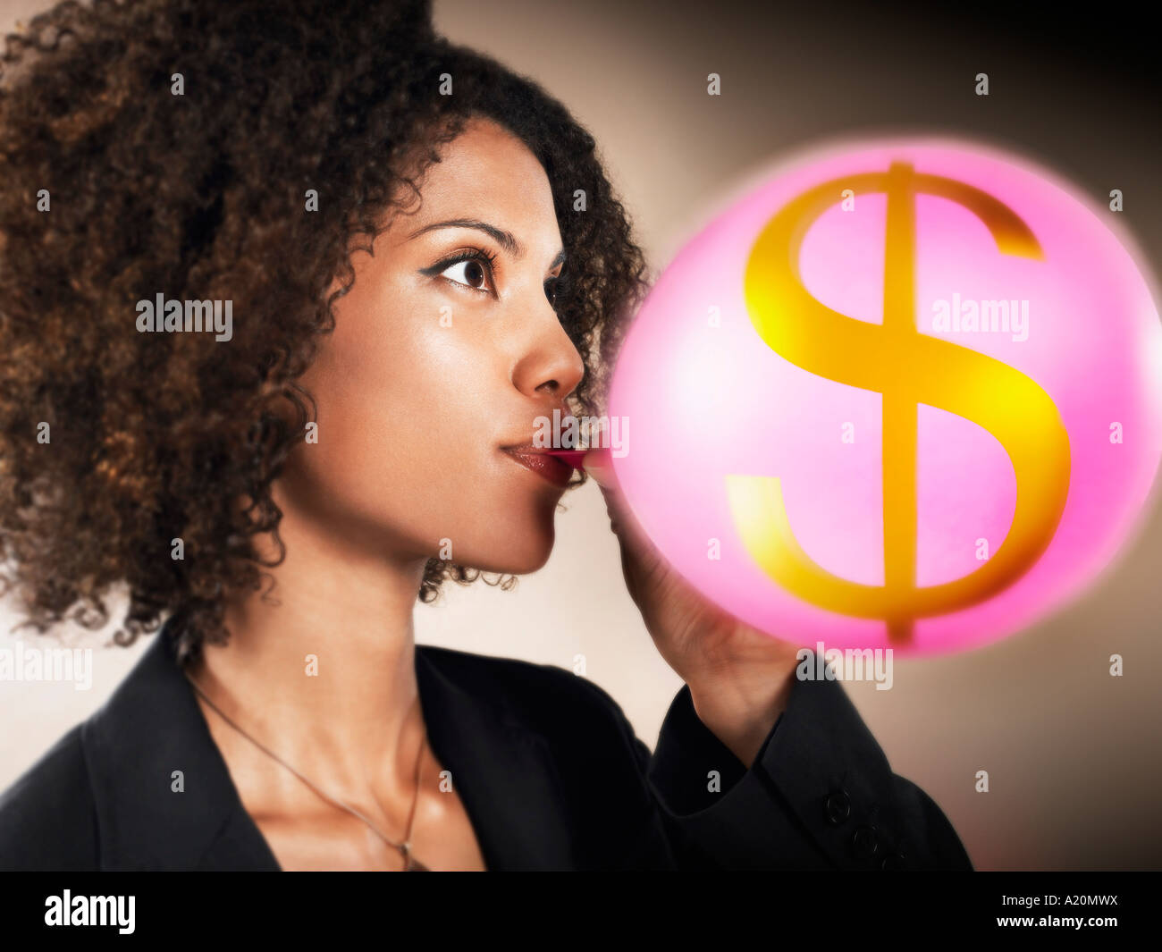 Businesswoman blowing up balloon with dollar sign on, head and ...