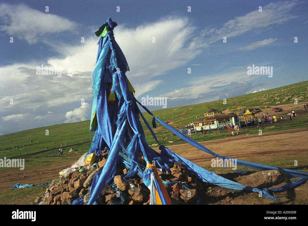 an ovoo, near Mother Rock, Mongolia steppes. Stock Photo