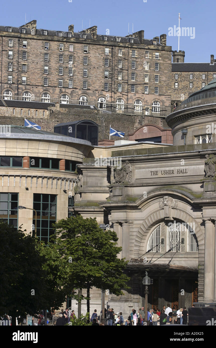 View of the Usher Hall, Traverse Theatre and Edinburgh Castle, Edinburgh , Scotland Stock Photo