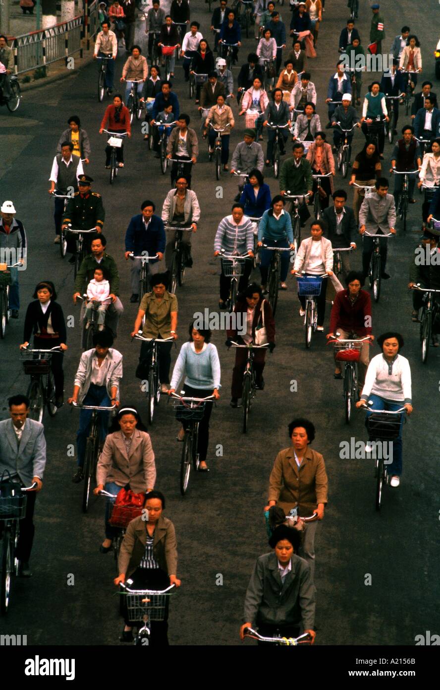 Aerial view over crowds of people cycling Kunming China G Hellier Stock Photo